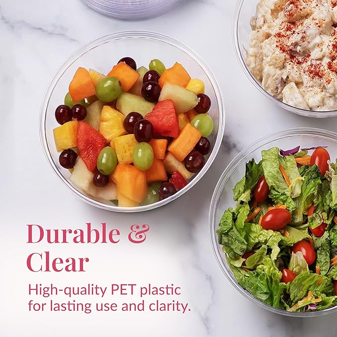 Prestee Clear Plastic Serving Bowls, 48 Oz. 12 Pack - Round Disposable Bowls, Punch, Party, Chip Bowl Containers - for Candy, Salads, Parties, & Serving Food - Large Salad Bowl Dish for Eating