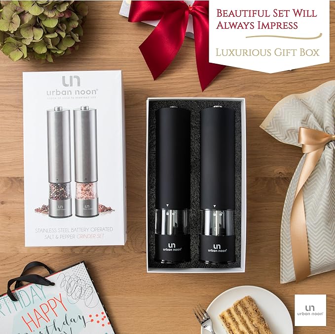 Electric Salt and Pepper Grinder Set - Matte Black Battery Operated Salt & Pepper Mills with Light (Pack of 2) - Automatic One Handed Operation with Adjustable Ceramic Grinders
