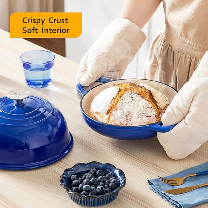 Velaze Enameled Cast Iron Dutch Oven for Bread Baking,5 QT Round Bread Oven Pot with Dome Lid for Sourdough, Roasting,Braising(Blue)