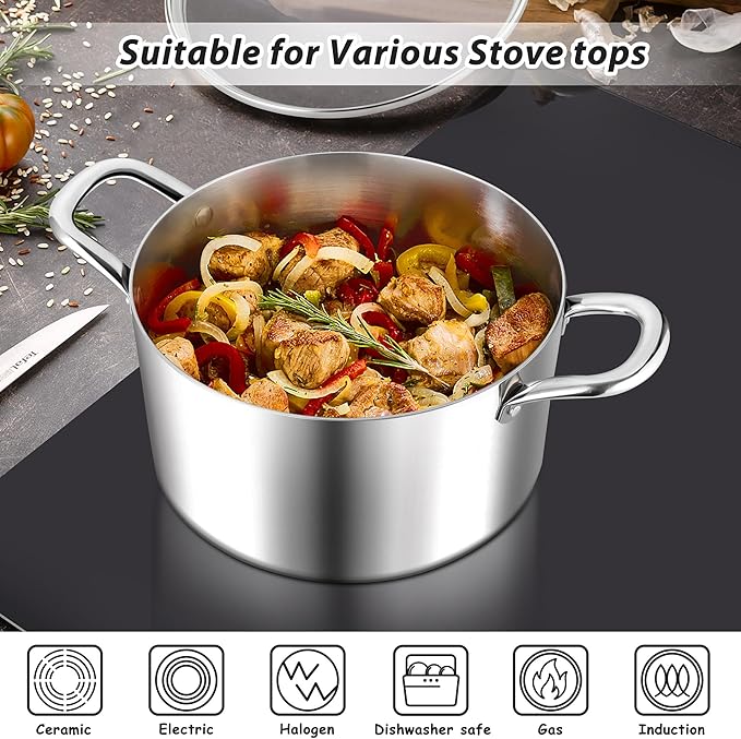 E-far 6 Quart Stock Pot, Tri-Ply Stainless Steel Cooking Pot with Glass Lid and Riveted Handles, Metal Pasta Soup Pot for Induction Ceramic Electric Gas Stoves, Heavy Duty & Dishwasher Safe