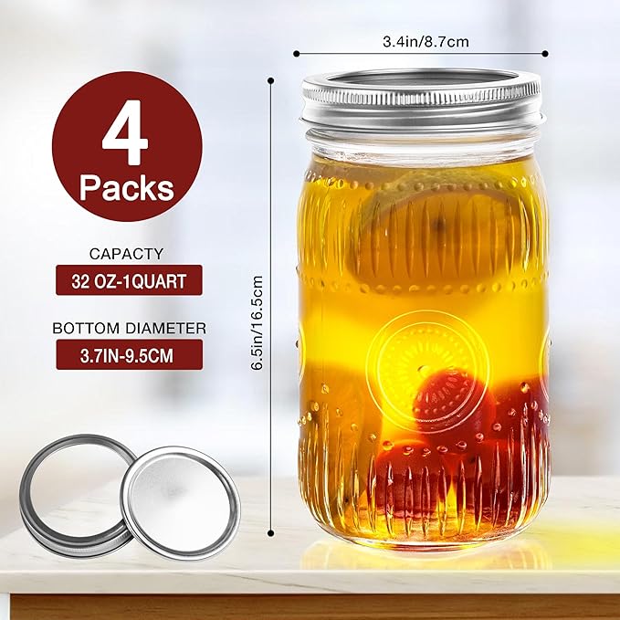 Amzcku 32oz vintage Mason Jars with Lids, Wide Mouth Quart Canning Jar, Safe For Storage, Canning, Pickling, Preserving, Fermenting, DIY Crafts & Decor 4 Pack