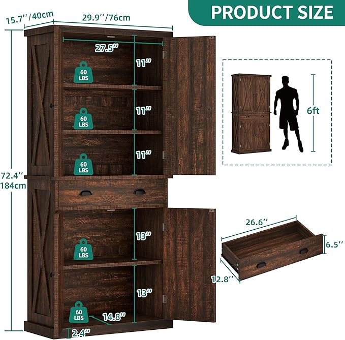 YITAHOME 72'' Tall Kitchen Pantry Cabinets, Farmhouse Storage Cabinets with Barn Doors, Drawer ＆ Adjustable Shelves, Rustic Wood Cupboard for Dining Room, Living Room, Dark Rustic