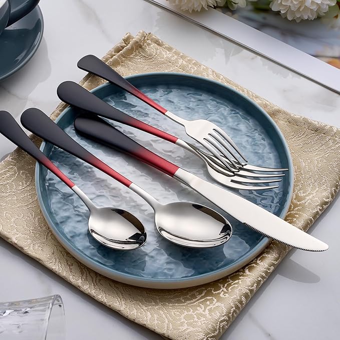 Colorful Silverware Set 20 Piece 18/0 Stainless Steel Flatware red and black Handle Cutlery Set Service for 4 Fork Knife Spoon Set Mirror Finish Dishwasher Safe