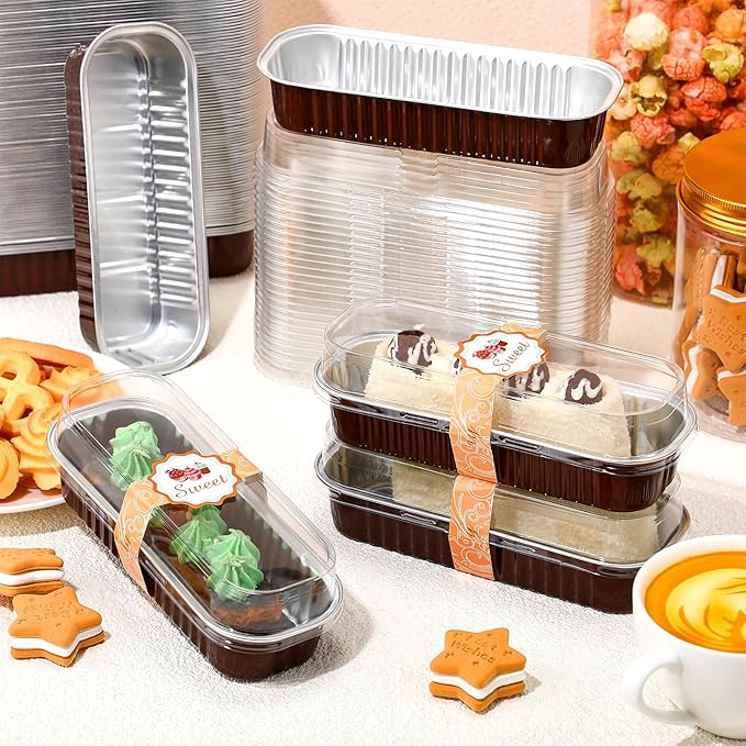 Tioncy 50 Pcs Mini Brown Loaf Pans with Lids Spoons Sticker Chocolate Pattern 6.8oz Disposable Rectangle Aluminum Foil Baking Pans Muffin Cupcake Cups for Picnics Wedding Birthday Baby Shower