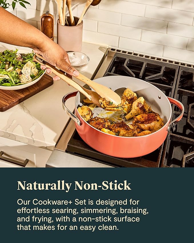 Caraway Cookware+ Collection - Specialty Cookware Set - Petite Cooker, Stir Fry Pan, Rondeau, & Stock Pot - 3 Lids & Storage Organizer Included - Cream