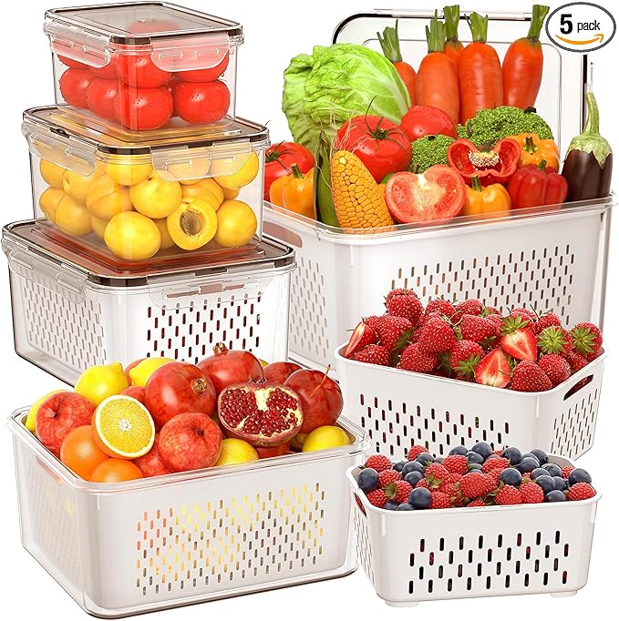5 PCS Large Fruit Storage Containers for Fridge with Removable Colanders, Airtight Food Storage Containers with 5 Lids, 4 in 1 Produce Containers Keep Berry Fruits Vegetable Food Meat Fresh Longer