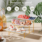 3 Tier Plastic Serving Tray for Party, 11.5" x 5.6" Platters for Serving Food, Microwave-Safe, White Reusable Trays with Black Metal Display Stand for Cupcakes, Dessert, Fruit, Cookie, Gold