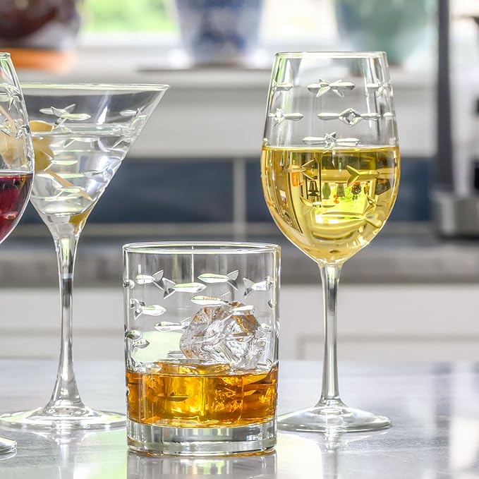 Rolf Glass School of Fish 13 oz Double Old Fashioned Whiskey Cocktail Glass | Set of 2 | Engraved Lead-free Tumbler Glasses | Made in the US