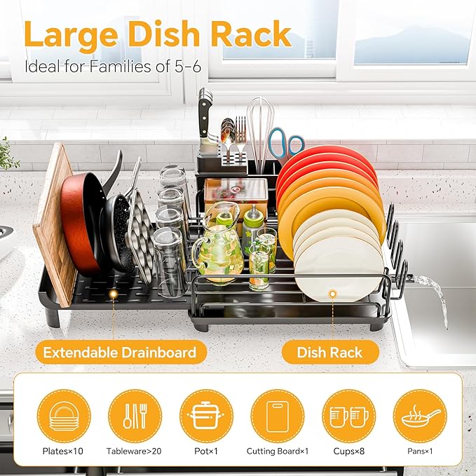 Simple Trending Extendable Dish Drying Rack, Multifunctional Dish Drainers for Kitchen Counter, Dish Strainer with Cutlery & Cup & Utensil Holder, Black