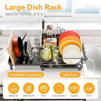 Simple Trending Extendable Dish Drying Rack, Multifunctional Dish Drainers for Kitchen Counter, Dish Strainer with Cutlery & Cup & Utensil Holder, Black