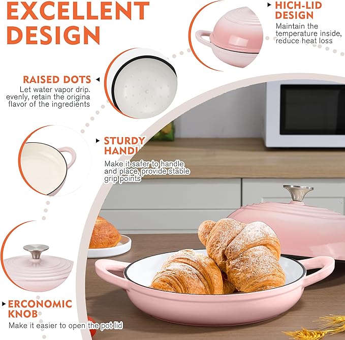 Enameled Round Cast Iron Bread Oven, 6 Qt Cast Iron Dutch Oven for Homemade Sourdough Bread Baking, Bread Dome Pot with Cloche Lid (Gradient Pink)