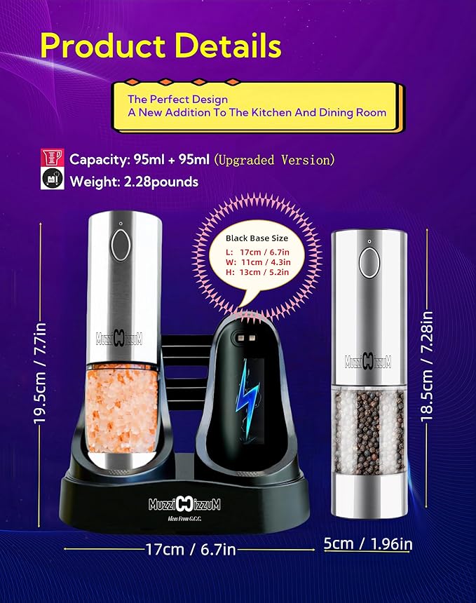 Electric Salt and Pepper Grinder Set with USB Charging Base, Upgraded 95ml Larger Capacity, Adjustable Coarseness,Stainless Steel Automatic Pepper Mill with One-Hand Operation, 2 Pack (Silver+Silver)
