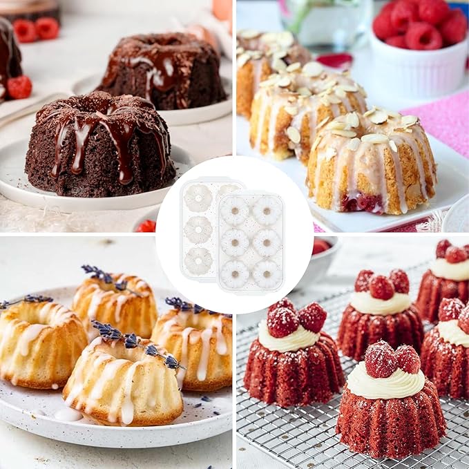 Mini Fluted Tube Cake Pans for Baking with Metal Reinforced Frame, 2Pcs Silicone 6-Cavity Mini Flan Molds, Nonstick Baking Mold for Cupcake, Brownie, Donuts, Cornbread, Jello