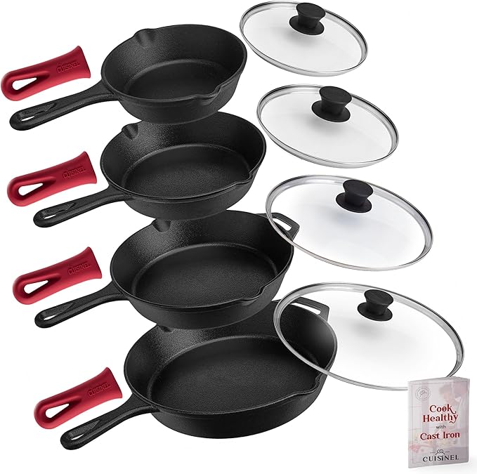 Cuisinel Cast Iron Skillets Set - 6"+8"+10+12"-Inch + Glass Lids + Silicone Handle Holder Cover Grips - Pre-Seasoned Frying Pan - Oven Cookware - Use Indoor/Outdoor, Grill, Stovetop, Fire