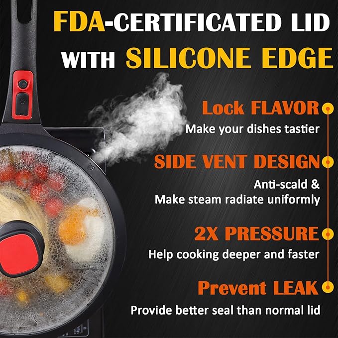 DIIG Nonstick Frying Pan Skillet with Silicone Lid, 10 Inch Saute Pan Omelet Sauce Red Cookware, Oven Safe Chef Pans for Cooking with Detachable Handle, Induction Gas All Stoves Compatible