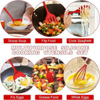 E-far Silicone Cooking Utensils Set, 24Pcs Heat Resistant Kitchen Utensil with Holder, Silicone Kitchen Tools with Spatula Turner Spoon Tongs Whisk, Non-Toxic & Dishwasher Safe (Red)