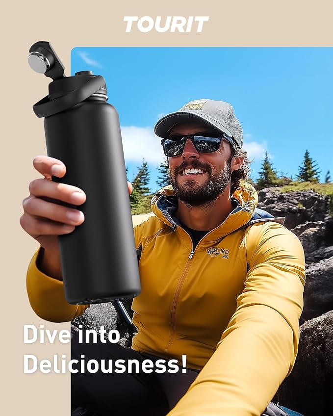 TOURIT 40 oz Insulated Water Bottle, Stainless Steel Sports Water Bottles With Top Handle, Double-Wall Travel Thermal Water Flask, BPA Free Leakproof Water Bottle for Sports and Travel, Black