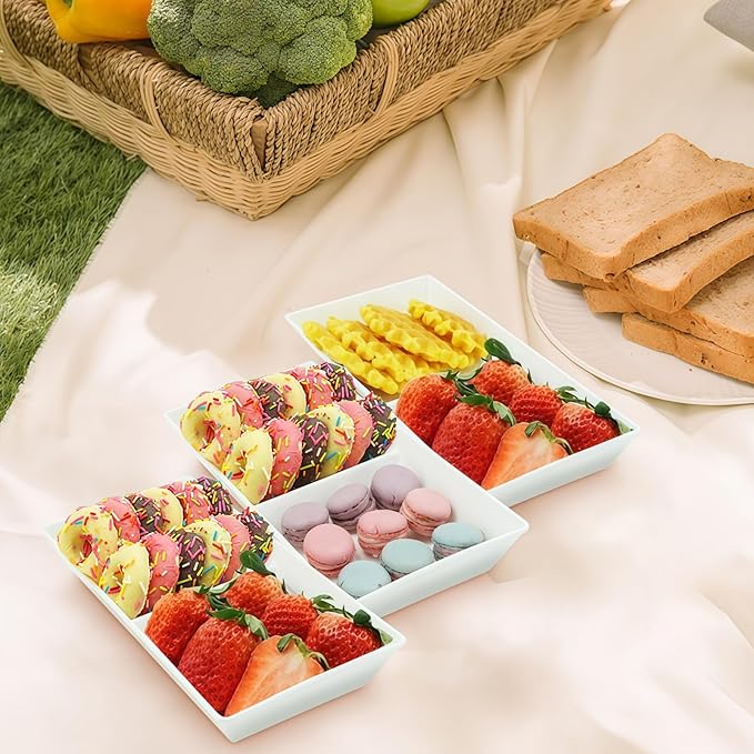 Divided Serving Tray Platter, 6 Pack 10" x 5" Fruit Veggie Food Tray for Party, Plastic Serving Trays for Appetizer, Snack, Dessert, Cookie, Brunch Decorations Platters, White Trays BPA-Free
