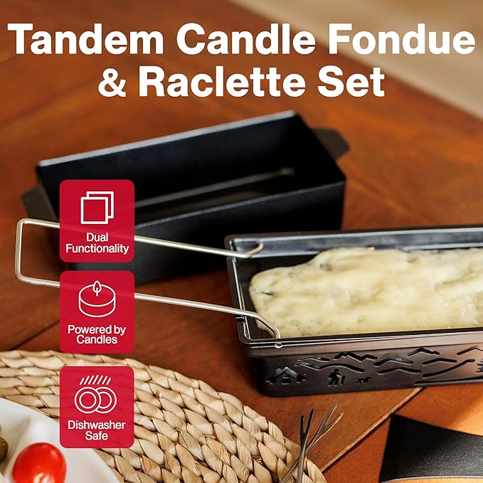 Swissmar Tandem Candle Fondue & Raclette Set - Portable 2-in-1 Tabletop Fondue Pot with Raclette Dish, Forks, Spatula & Tealight Candles