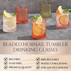 Hobnail Tumbler Drinking Glasses Set | Set of 5 | Vintage Sunset Colored Beaded Hobnails 10 OZ Muted Bubble Whiskey Glassware, Old-Fashioned, Embossed Design Glass Water Wine, Cocktail Glass Set Gift