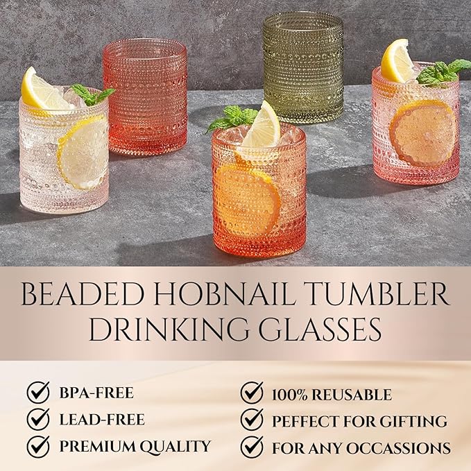 Hobnail Tumbler Drinking Glasses Set | Set of 5 | Vintage Sunset Colored Beaded Hobnails 10 OZ Muted Bubble Whiskey Glassware, Old-Fashioned, Embossed Design Glass Water Wine, Cocktail Glass Set Gift
