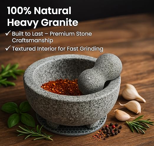 Granite Mortar and Pestle Set with Silicone Base – Large Guacamole Bowl and Masher, Herb Grinder, Spice Grinder, Garlic Smasher, Avocado Masher Tool, Stone Mill Grinder for Kitchen Spices