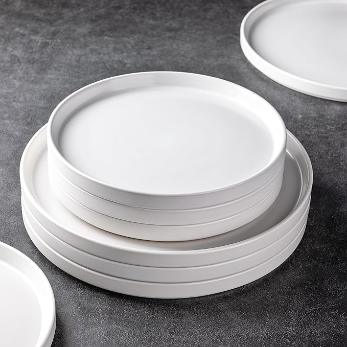 AmorArc Ceramic Dinner Plates Set of 6, 10.0 Inch Matte Stoneware Plates for Kitchen,Modern Flat Dinnerware Dishes Set,Microwave& Dishwasher Safe, Scratch Resistant, Matte white
