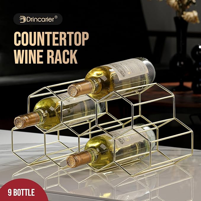 Countertop Wine Rack - 9 Bottle Freestanding Modern Gold Metal Small - 2 Tier Tabletop Wine Holder Stand for Cabinet, Pantry - Wine Racks Countertop - No Assembly Required