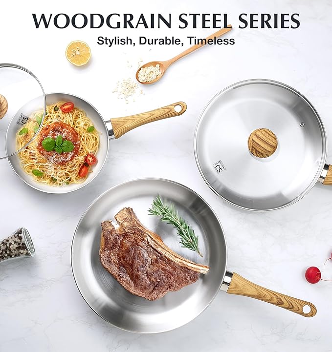 KOCH SYSTEME CS Stainless Steel Frying Pan Set with Lid, 8" & 10" & 12" Stainless Steel Pans Set with Heat-resistant Handle, Triply Base Induction Cooking Pans Set, Fast & Even Heat, Dishwasher Safe