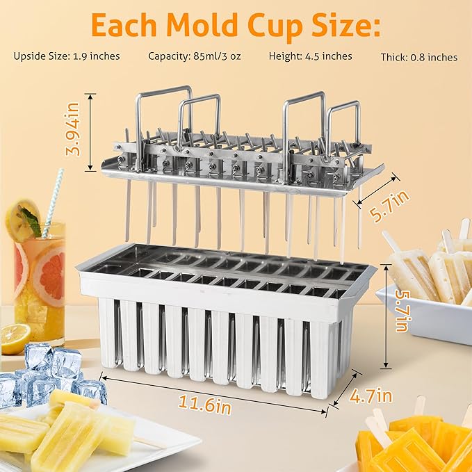WICHEMI Stainless Steel Popsicle Molds Commercial Ice Pop Molds 20PCS Ice Lolly Popsicle Mould Ice Cream Maker Mold Stick Holder with Lid Single Cup Capacity 85g