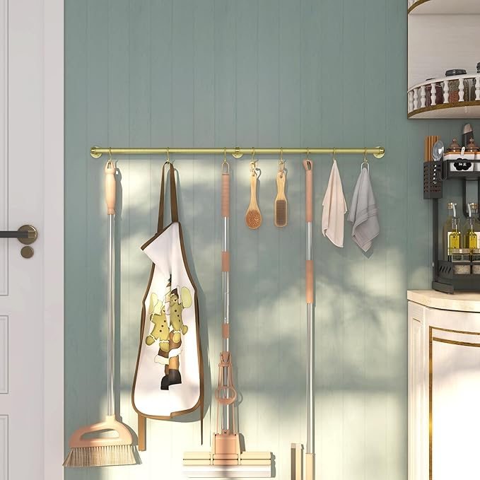 ROTHLEY Stainless Steel Pot and Pan Hanger - 39.4 Inch Wall Mounted Hanging Pots and Pans Rack for Kitchen Wall Rail with Hooks (Brass)