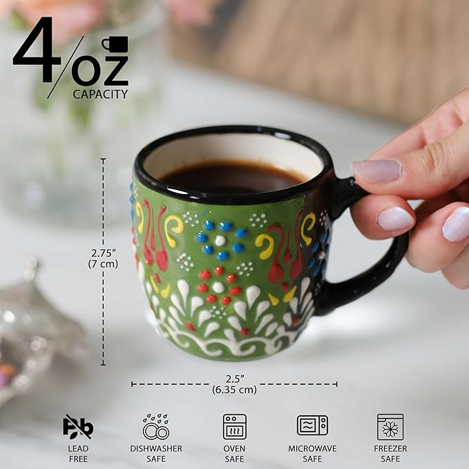 Espresso Cups Set of 2 | 4 oz Small Espresso Cups | Turkish Tea Cups | Demitasse Mugs with Handle | Modern Stackable Ceramic Espresso Mugs Set (Green/Blue)