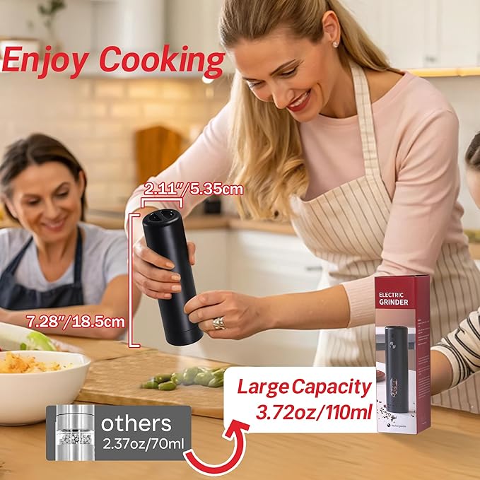 Electric Salt and Pepper Grinder – Rechargeable Automatic Mills with 6-Level Adjustable Coarseness, White LED Light, Large 110ml Capacity