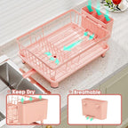 Dish Drying Rack, Space-Saving Dish Rack, Dish Racks for Kitchen Counter, Kitchen Dish Drainers with Removable Utensil Holder,Plate Rack and Drainboard, 11''W x 15''L, Pink