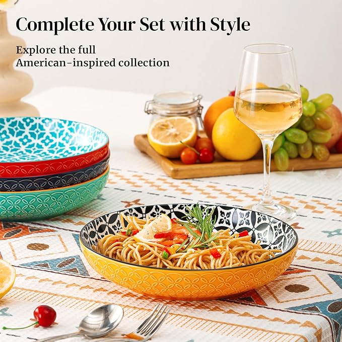 DOWAN 10" Vibrant Pasta, Salad & Soup Serving Bowls Set of 4, Embossed Large Porcelain Ceramic, Microwave & Dishwasher Safe, Bonita Design Dinnerware Dishes for Daily Dining, Family Gatherings, Party
