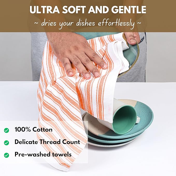 Native Fab Stripe Kitchen Towels - 4 Pack - Basket Weave 100% Cotton Dish Towel - 16x26 inches - Absorbent Towels for Cleaning, Quick Drying, Washable Dish Cloths with Hanging Loop - Orange White
