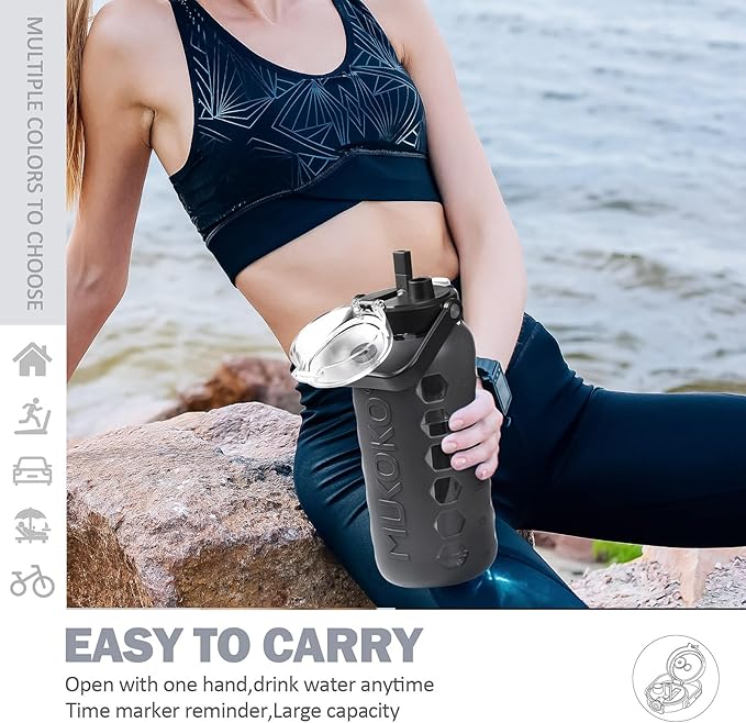 MUKOKO Half Gallon/64 oz Glass Water Bottles with Straw and Lid,Motivational Water Jug with Time Marker Reminder and Silicone Sleeve,100% Leakproof BPA Free Fitness Sports Large Bottle-Grey