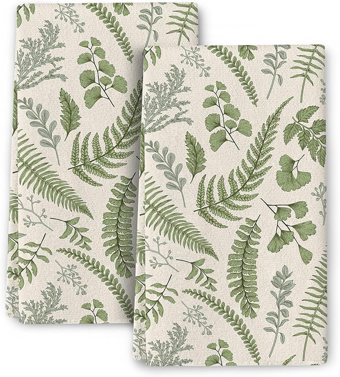Cute Botanic Dish Towels for Drying Dishes, Absorbent Decorative Sage Green Herbs Leaves Kitchen Towels,Hand Towels Tea Tewels for Kitchen Baking Bar Bathroom Decoration