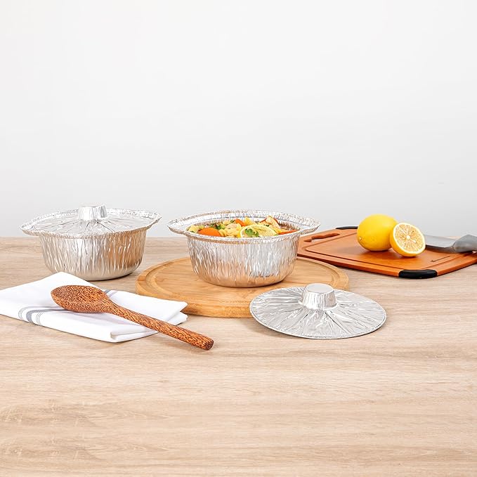 Foil Lux 34 Ounce Pans And Lids, 100 Disposable Pots With Lids - Oven-Ready, Stove Compatible, Aluminum Foil Baking Pans, Freezable, For Outdoor Camping, Vacation, Picnic, And More - Restaurantware