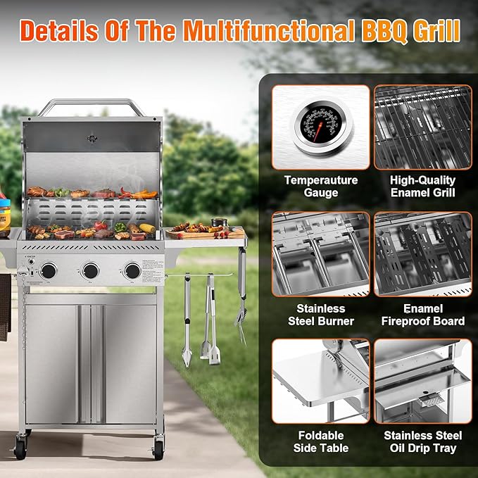 G31 Gas Grill, 3-Burner Gas Grill with Folding Side Tables,Stainless Steel 24,000 BTU BBQ Grill,Outdoor Propane Grill for Barbecue,Patio,Camping