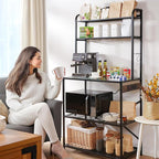 Bakers Rack for Kitchen, 33-inch Wide Coffee Bar Station with Power Outlet, 5 Tier Microwave Stand Storage Shelf with S-Shaped Hooks, Metal Frame with Coloured Glass Tabletop