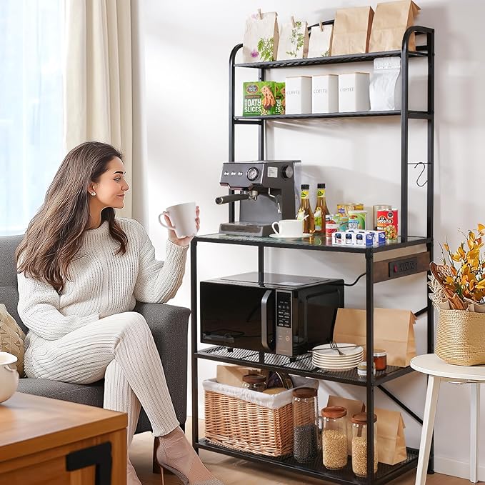 Bakers Rack for Kitchen, 33-inch Wide Coffee Bar Station with Power Outlet, 5 Tier Microwave Stand Storage Shelf with S-Shaped Hooks, Metal Frame with Coloured Glass Tabletop