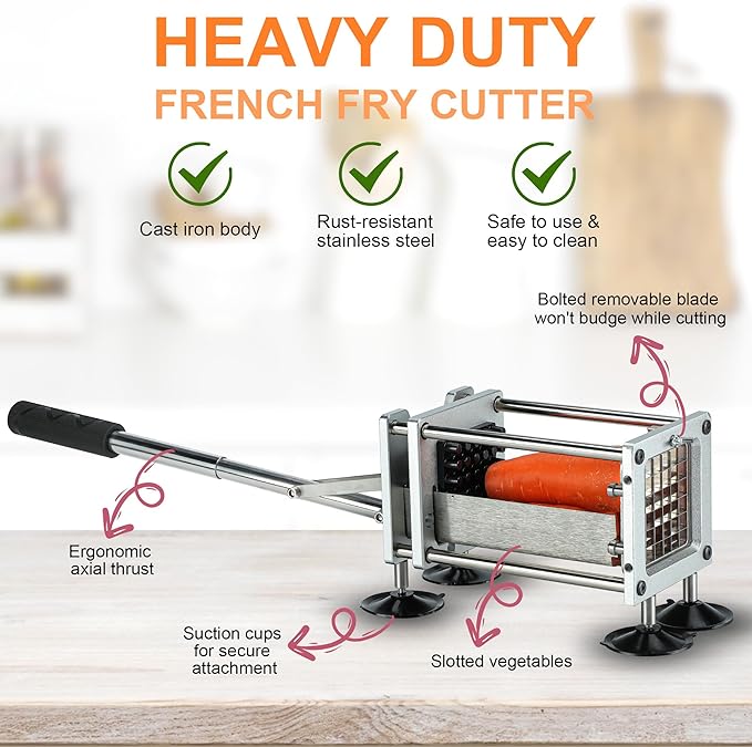 French Fry Cutter, Professional Potato Cutter Slicer, Stainless Steel Blades with 1/2 Inch & 3/8 Inch Blade, Great for Potatoes Carrots Cucumbers