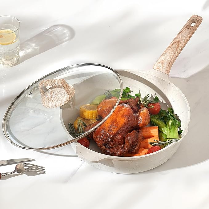 VEVOR 19 Piece Pots and Pans Set Nonstick, Granite Cookware Set, Induction Cookwares, Kitchen RV Cooking Sets with Frying, Sauce, Saute, Tempered Glass Lids, and Pan Protectors, White