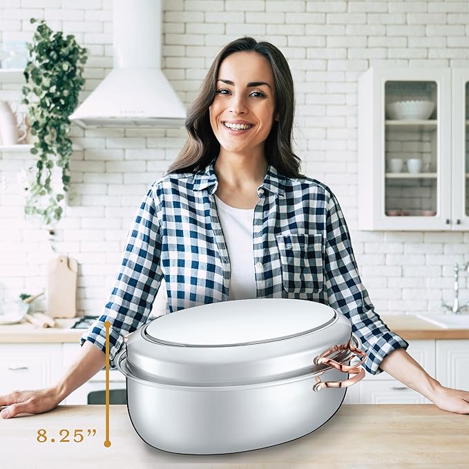 CONCORD Premium 12 Quart Stainless Steel Roasting Pan with Hangable Rack. Oval Turkey Roaster with Griddle Lid Multi-use Cookware