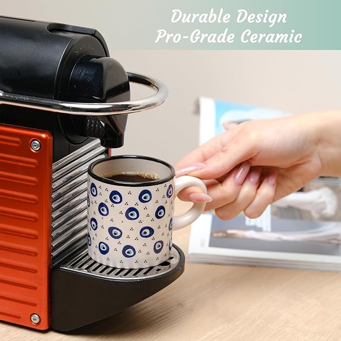 Ceramic Espresso Cups, 5 Oz Espresso Cups Set of 4, Handmade Espresso Cup, 2.75 Inch Espresso Mugs, Multicolor Demitasse Cups, Microwave & Dishwasher Safe Espresso Mugs, Coffe Mug Set (NAZAR CHARM)