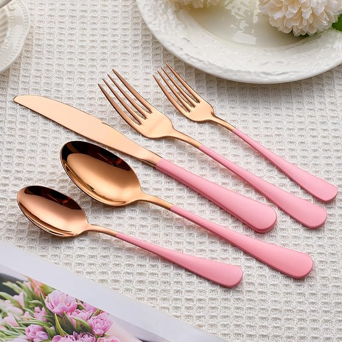 20 Piece Rose Gold Pink 18/0 Flatware Utensil Set for 4, Include Dinner Knife,Dinner Forks,Dinner Spoons,Salad Forks,Teaspoons,Silverware Set for 4, Dishwasher Safe