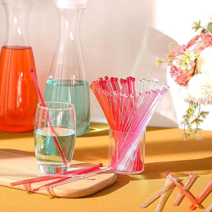 Mudder 100 Pieces Disposable Plastic Round Top Crystal Swizzle Sticks (Gradient Pink)