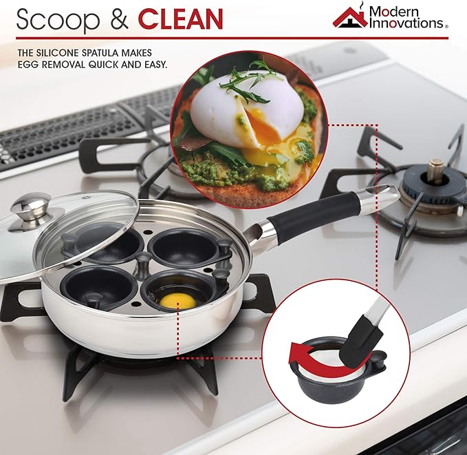 Modern Innovations Egg Poacher Pan for Perfect Poached Eggs, Nonstick Cups Poached Egg Maker Pan, Stainless Steel Easy Egg Cooker, Poaching Eggs Benedict Maker, Silicone Spatula