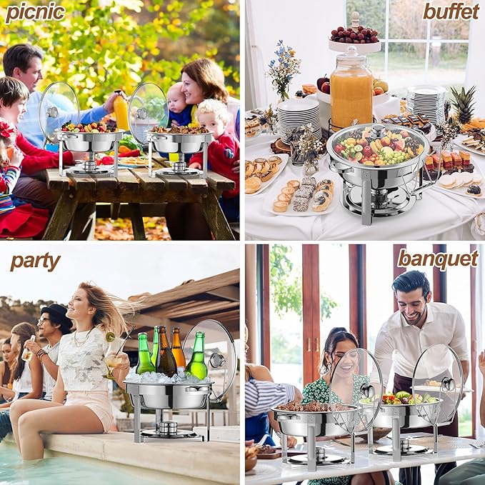 2 Packs Chafing Dish Buffet Set,8QT Round Glass Cover Stainless Steel Buffet Servers and Warmers, Thick Stand Frame Catering Chafe with Mirror Covers,Food Warmer for Party, Weddings,Picnic